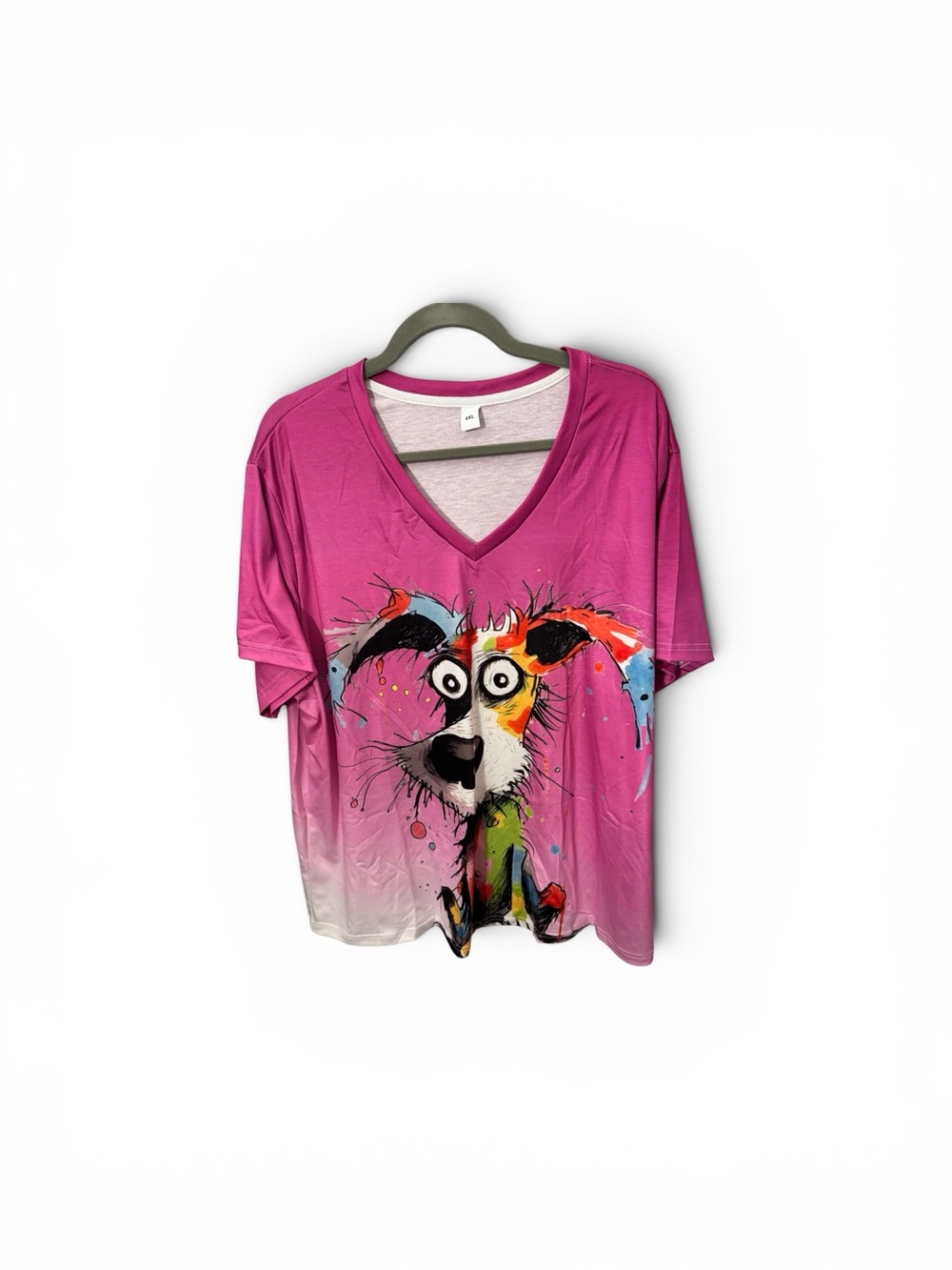 Vibrant Pink V-Neck Tee with Colorful Dog Graphic